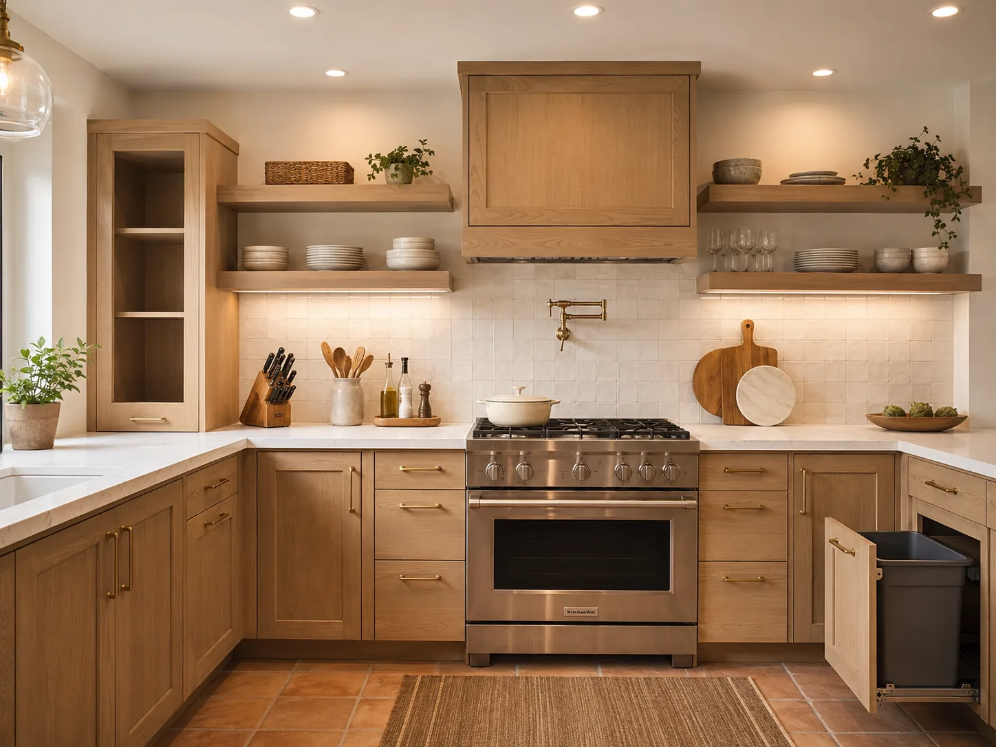 An organized vacation rental kitchen with open shelving, clear counters, cookware, and a pull-out trash can